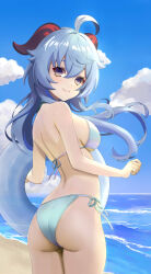 1girl absurdres ahoge ass bare_back beach bikini blue_bikini blue_hair blue_innertube blue_sky breasts closed_mouth cloud commentary_request cowboy_shot day from_behind ganyu_(genshin_impact) genshin_impact goat_horns hair_between_eyes highres holding holding_swim_ring horns innertube large_breasts light_blush long_hair looking_at_viewer mishirosora outdoors purple_eyes side-tie_bikini_bottom sky smile solo standing swim_ring swimsuit very_long_hair water