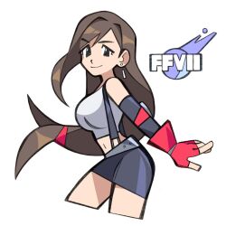 1girl arm_behind_back bare_shoulders belt black_eyes black_gloves black_skirt breasts brown_hair closed_mouth cowboy_shot crop_top cropped_legs earrings elbow_gloves elbow_pads final_fantasy final_fantasy_vii fingerless_gloves gloves grey_belt hair_tie jewelry long_hair low-tied_long_hair medium_breasts meteor midriff miniskirt navel red_gloves shirt single_elbow_pad single_sidelock skirt sleeveless sleeveless_shirt smile solo starrymarii suspenders tifa_lockhart white_background white_shirt