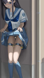 Rule 34 | 1girl, blue eyes, blue neckerchief, blue socks, blush, chastity belt, clothes lift, gluteal fold, itou tatsuya, lifting own clothes, looking to the side, neckerchief, no panties, original, sailor collar, school uniform, serafuku, short sleeves, skirt, skirt lift, socks, solo, standing, thigh gap