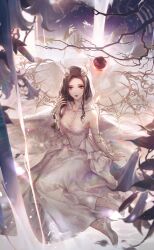 1girl a_gloomy_start_(shining_nikki) apple artist_request bare_shoulders bare_tree black_flower black_hair breasts cloak collar demon_girl demon_horns demon_wings detached_collar disembodied_hand dress expressionless eyelashes eyeshadow flower food forehead fruit full_body game_cg goddess_of_desire_(shining_nikki) gown hand_in_own_hair high_heels highres hood hood_up hooded_cloak horns large_breasts lens_flare light_particles lily_(flower) lipstick long_dress long_hair looking_at_viewer low_neckline makeup nikki_(series) official_art parted_lips pink_eyes red_eyeshadow red_lips shining_nikki shoes sidelocks sitting skeletal_wings slit_pupils solo sparkle spread_wings stiletto_heels strapless strapless_dress teeth translucent_horns tree water waterfall white_arm_warmers white_cloak white_collar white_dress white_horns white_shoes white_wings wings yokozuwari