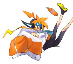 1girl :d ahoge black_leggings black_shoes blue-tinted_eyewear commentary gen_4_pokemon happy highres jacket kneepits leggings marnie_(marnielovesyou) nintendo open_clothes open_jacket open_mouth orange_hair orange_jacket original oversized_jacket pokemon rotom rotom_phone shirt shoes simple_background sitting sleeveless sleeveless_shirt smile solo sunglasses teeth tinted_eyewear white_background white_shirt yellow-framed_eyewear