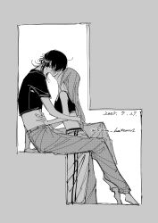 Rule 34 | 2girls, absurdres, bare arms, barefoot, commentary request, crop top, dated, greyscale, hand on another&#039;s waist, highres, kiss, long hair, monochrome, multiple girls, original, pants, shirt, short sleeves, szm hattori01, yuri