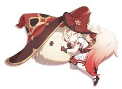 1girl black_gloves black_shoes blonde_hair bow bowtie closed_eyes dodoco_(genshin_impact) genshin_impact gloves hat hat_bow highres klee_(blossoming_starlight)_(genshin_impact) klee_(genshin_impact) luyue lying official_alternate_costume pantyhose pyro_symbol_(genshin_impact) red_bow red_bowtie red_hat red_skirt shoes simple_background skirt smile white_background white_pantyhose witch_hat