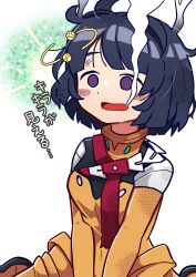 Rule 34 | 1girl, @ @, absurdres, black hair, blue eyes, blush, bodysuit, breasts, commentary request, dizzy, gundam, gundam gquuuuuux, haro, highres, kanisawa yuuki, mecha pilot suit, messy hair, no sclera, normal suit (gundam), open mouth, orange bodysuit, red eyes, shiiko sugai, short hair, simple background, sitting, smoke, solo, translation request, white background