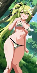 Rule 34 | 1girl, absurdres, bare shoulders, bikini, blonde hair, bow, breasts, commentary, elf, elsword, english commentary, flower, green eyes, green hair, hair between eyes, hair bow, hair flower, hair ornament, highres, indexryo, large breasts, long hair, navel, outdoors, pointy ears, rena erindel, side ponytail, striped bikini, striped clothes, swimsuit