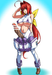 1futa ahoge bare_shoulders breasts covered_erect_nipples dark_penis full_body futanari huge_breasts huge_penis huge_testicles long_hair otoo_(izanagi) penis red_eyes red_hair salute solo standing testicles to-gnaniwa very_long_hair
