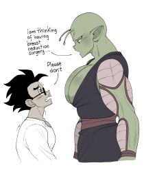 2boys bad_tag black_hair blush colored_skin crying dragon_ball english_text glasses green_skin large_pectorals looking_at_another male_focus multiple_boys muscular muscular_male namekian niusesabe open_mouth pectorals piccolo saiyan son_gohan speech tears yaoi