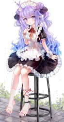 1girl :t absurdres ahoge aiu_. alternate_costume alternate_hairstyle apron azur_lane black_dress breasts dress enmaided frilled_dress frills full_body hair_bun hair_ornament highres long_hair looking_at_viewer maid maid_apron maid_headdress nail_polish neck_ribbon no_shoes open_mouth pout puffy_short_sleeves puffy_sleeves purple_eyes purple_hair purple_nails red_ribbon revision ribbon short_sleeves sitting small_breasts socks solo stirrup_legwear toeless_legwear toenail_polish toenails toes unicorn_(azur_lane) wavy_hair white_apron white_socks wrist_cuffs x_hair_ornament