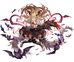 10s 1girl animal bat_(animal) black_pantyhose blonde_hair boots fang female_focus frills full_body granblue_fantasy heart knee_boots long_hair long_sleeves looking_at_viewer minaba_hideo official_art one_eye_closed open_mouth orange_eyes pantyhose pointy_ears shingeki_no_bahamut shirt skirt smile solo transparent_background vampy