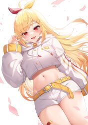 1girl absurdres ahoge bandaid bandaid_on_leg belt blonde_hair bow buttons cropped_hoodie deogho_(liujinzy9854) falling_petals hair_bow highres hood hood_down hoodie jingburger long_hair long_sleeves midriff multicolored_bow navel open_mouth petals pink_petals red_eyes shadow short_shorts shorts smile solo teeth upper_teeth_only virtual_youtuber waktaverse white_hoodie yellow_belt yellow_nails