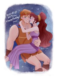 1boy 1girl ancient_greek_clothes animification breasts brown_hair dress eyeshadow greco-roman_clothes hercules_(1997_movie) hercules_(disney) highres long_hair makeup megara_(disney) moko_eaka muscular muscular_male ponytail purple_dress purple_eyes purple_eyeshadow sleeveless smile
