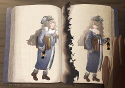 1girl ^_^ ankle_boots artist_name blue_coat blue_eyes blue_neckerchief book book_focus boots brown_boots brown_gloves brown_hair burnt closed_eyes coat dated dress full_body gloves grey_hat hat highres holding holding_lantern holding_paper holding_suitcase lantern long_dress long_hair marcus_(reverse:1999) multiple_views nashiro_(v0_llp) neckerchief newsboy_cap open_book open_mouth paper paper_roll reverse:1999 scarf signature suitcase watermark white_dress white_scarf