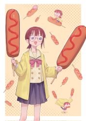 :d blunt_bangs bocchi_the_rock! bow chibi chibi_inset corn_dog dual_wielding feet_out_of_frame food girl_with_large_corndogs glasses gotoh_hitori gotoh_hitori_(tsuchinoko) highres holding holding_food jacket open_mouth pleated_skirt ponytail purple_eyes red_bow red_hair riding round_eyewear sailor_collar saydens school_uniform short_hair short_ponytail shuka_high_school_uniform simple_background skirt smile standing twitter_username white_sailor_collar yellow_background yellow_jacket