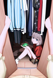1girl 1other absurdres blue_eyes brown_shorts camouflage camouflage_shorts closet commentary from_side glow-in-the-dark grey_hair highres holding holding_toy idolmaster idolmaster_shiny_colors indoors knees_up kyamcya looking_at_viewer medium_hair open_mouth opening_door parted_lips pov pov_hands red_shirt serizawa_asahi shirt short_sleeves shorts signature sitting socks solo_focus t-shirt toy toy_dinosaur unworn_clothes white_socks wooden_floor