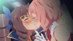 2girls @_@ animated blue_eyes blush bow bowtie brown_hair close-up drill_hair french_kiss gloves hair_ribbon hairdressing keika_(silky_the_phantom_thief) kiss kiss_focus looking_at_another mask multiple_girls open_mouth pink_eyes pink_hair red_bow red_bowtie ribbon saliva saliva_trail short_hair silky_(silky_the_phantom_thief) silky_the_phantom_thief smile sweat totoro_on twin_drills video wavy_mouth white_gloves yuri