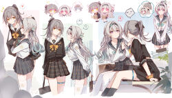 2girls ? absurdres alternate_costume alternate_hairstyle aqua_hair bag black_hairband black_sailor_collar black_shirt black_skirt black_socks bow bowtie chibi firefly_(honkai:_star_rail) firefly_(spring_missive)_(honkai:_star_rail) gradient_hair green_bow green_bowtie grey_hair hair_ornament hairband heart highres honkai:_star_rail honkai_(series) kneehighs long_sleeves looking_at_another multicolored_eyes multicolored_hair multiple_girls multiple_views official_alternate_costume ponytail sailor_collar school_bag school_uniform scrunchie shirt simple_background skirt smile socks spoken_heart spoken_question_mark standing stelle_(honkai:_star_rail) thigh_strap thighhighs trailblazer_(honkai:_star_rail) white_sailor_collar white_shirt white_thighhighs wrist_scrunchie yajuu yellow_bow yellow_bowtie yellow_eyes yellow_scrunchie zettai_ryouiki