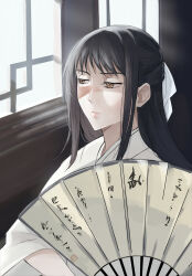 1girl absurdres black_hair brown_eyes closed_mouth commentary dazaiaddict0619 expressionless hand_fan highres holding holding_fan indoors iori_utahime japanese_clothes jujutsu_kaisen kimono long_hair long_sleeves looking_afar scar scar_on_face sidelocks solo white_kimono wide_sleeves window