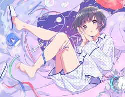 Rule 34 | 1girl, bare legs, barefoot, black eyes, black hair, cup, head tilt, knees up, leg ribbon, leg up, long sleeves, lying, mosuko, on back, open mouth, original, own hands together, pajamas, polka dot, polka dot pajamas, polka dot shirt, polka dot shorts, ribbon, shirt, short hair, shorts, slippers, soles, toothbrush, toothpaste, white pajamas