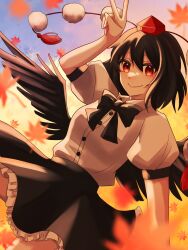 1girl autumn_leaves bird_wings black_hair black_ribbon black_skirt black_wings collared_shirt frilled_skirt frills hat highres leaf looking_at_viewer pom_pom_(clothes) red_eyes ribbon shameimaru_aya shi_kiku_118 shirt skirt smile tengu tokin_hat touhou v white_shirt wings