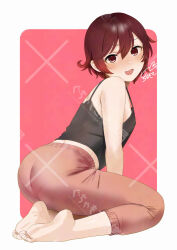 1girl ass barefoot black_camisole brown_hair camisole commentary_request from_behind full_body gradient_hair kantai_collection looking_at_viewer multicolored_hair mutsuki_(kancolle) pants pink_pants red_background red_eyes red_hair sakiecho seiza short_hair sitting smile solo two-tone_background watermark watermark_grid yoga_pants