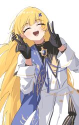 Rule 34 | 1girl, absurdres, black bow, black collar, black gloves, blonde hair, blue gemstone, blue sash, bow, collar, commentary, corrupted twitter file, cowboy shot, cryne, double v, gem, gloves, hair bow, hair ornament, highres, long hair, long sleeves, no headwear, open mouth, phoebe (wuthering waves), sash, shirt, simple background, skirt, smile, solo, striped bow, teeth, upper teeth only, v, very long hair, white background, white shirt, white skirt, wuthering waves, x hair ornament