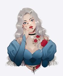 1girl alternate_costume bare_shoulders black_nails blue_eyes choker crop_top disney earrings elsa_(frozen) eyelashes eyeliner fashion frozen_(disney) hair_ornament hairpin hand_on_own_face highres jewelry juliet_sleeves long_hair long_sleeves makeup mole mole_under_eye off_shoulder puffy_sleeves red_lips ring shoulder_tattoo simple_background stomach_tattoo tattoo thick_eyebrows thick_lips twitter_username upper_body wavy_hair white_background white_hair zeebythesea