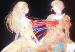 2girls ashashio beatrice_(umineko) black_background black_dress blonde_hair blue_eyes choker clair_vaux_bernardus dress frills hair_bun highres long_hair multiple_girls ribbon simple_background sleeveless sleeveless_dress umineko_no_naku_koro_ni white_dress