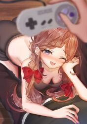 ass black_pants black_shirt black_shorts blurry blurry_foreground bow braid breasts brown_hair commentary commission controller fang game_controller hair_bow highres holding holding_controller holding_game_controller indie_virtual_youtuber long_hair median_furrow one_eye_closed open_mouth pants purple_eyes red_bow riona_(vtuber) ruru912 shirt shorts skeb_commission skin_fang smile twin_braids virtual_youtuber wooden_floor