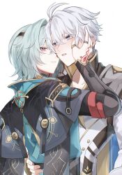 2boys absurdres anaxa_(honkai:_star_rail) aqua_hair back blush eyepatch fz7047 grey_hair hair_between_eyes highres honkai:_star_rail honkai_(series) hug male_focus multiple_boys one_eye_covered parted_lips phainon_(honkai:_star_rail) pink_pupils short_hair simple_background solo upper_body white_background yaoi