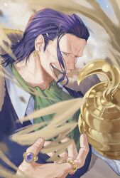 1boy ascot cigar commentary_request crocodile_(one_piece) green_ascot gunjo_shizuko hair_slicked_back highres hook_hand jewelry looking_ahead male_focus one_piece ring sand short_hair smoke solo stitched_face stitches upper_body