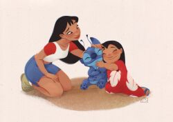 2girls antennae black_hair blue_fur blue_shorts blush closed_eyes dark-skinned_female dark_skin dress highres hug kneeling leaf_print lilo_&amp;_stitch lilo_pelekai long_hair multiple_girls nani_pelekai print_dress red_dress red_sleeves shirt short_shorts short_sleeves shorts siblings sisters stitch_(lilo_&amp;_stitch) tanisketch white_shirt