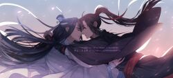 Rule 34 | 2boys, ahoge, artist name, bishounen, black hair, black hanfu, brown hair, chinese clothes, closed eyes, commentary, couple, english commentary, face-to-face, floating clothes, floating hair, forehead-to-forehead, from side, hair ribbon, hanfu, headband, heads together, high ponytail, hug, imminent kiss, lan wangji, light particles, long hair, long sleeves, looking at another, male focus, minataka94, modao zushi, multiple boys, noses touching, parted lips, ponytail, profile, red ribbon, red sash, ribbon, robe, sash, sidelocks, sleeves past wrists, smile, topknot, upper body, very long hair, watermark, wei wuxian, white hanfu, white headband, wide sleeves, xiao guan (headdress), yaoi