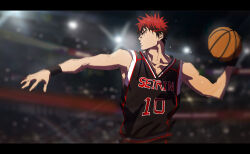 1boy arm_up ball bare_shoulders basketball basketball_(object) basketball_jersey collarbone commentary_request forked_eyebrows glowing glowing_eyes highres holding holding_ball indoors jersey kagami_taiga korean_commentary kuroko_no_basuke letterboxed male_focus multicolored_clothes outstretched_arm parted_lips playing_sports red_eyes red_hair seirin_high_basketball_uniform short_hair sleeveless solo stadium upper_body wristband yarr