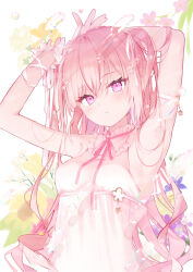 1girl :o armpits arms_up bare_shoulders breasts commentary_request dress flower humuyun long_hair looking_at_viewer original parted_lips pink_eyes pink_flower pink_hair purple_flower ribbon sleeveless sleeveless_dress small_breasts solo sunflower two_side_up very_long_hair white_background white_dress white_ribbon yellow_flower