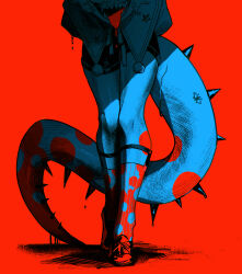 1girl arms_behind_back dragon_girl dragon_tail drooling highres kneehighs legwear_garter limited_palette momomo_906 original red_background saliva sharp_teeth simple_background socks solo tail teeth tongue tongue_out walking