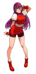 1girl asamiya_athena bike_shorts breasts dress earrings female_focus fingerless_gloves gloves hairband hand_up jewelry long_hair medium_breasts pale_skin pants purple_eyes purple_hair shirt shoes skirt smile socks standing star_(symbol) the_king_of_fighters thighs wide_hips