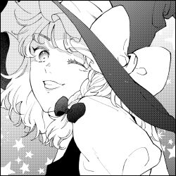 Rule 34 | 1girl, bow, braid, commentary, greyscale, grin, hair bow, hat, hat bow, kirisame marisa, konruri blue, monochrome, one eye closed, puffy short sleeves, puffy sleeves, screentones, short sleeves, side braid, smile, solo, star (symbol), touhou, upper body, white bow, witch hat