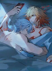 Rule 34 | 2boys, antenna hair, bite mark, blonde hair, blue pajamas, cellphone, clock, closed eyes, commentary, earrings, gold earrings, gradient hair, hickey, highres, holding, holding phone, honkai: star rail, honkai (series), hug, jewelry, male focus, multicolored hair, multiple boys, mydei (honkai: star rail), on bed, one eye closed, osamu18568716, pajamas, phainon (honkai: star rail), phone, red hair, short hair, sleeping, smartphone, top/bottom dynamic annotated, white hair, yaoi, yellow eyes