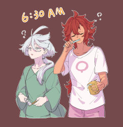 Rule 34 | ?, absurdres, brown background, brushing teeth, closed eyes, commentary, cup, green shirt, grey eyes, gundam, gundam suisei no majo, highres, holding, holding cup, holding toothbrush, joker (jjjokerrr233), long hair, miorine rembran, morning, pajamas, parted lips, pink shorts, ponytail, red hair, shirt, shorts, simple background, sleepy, spilling, suletta mercury, toothbrush, toothpaste, waking up, white hair, white shirt
