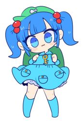 1girl backpack bag blue_eyes blue_footwear blue_hair blue_shirt blue_skirt boots chibi collared_shirt flat_cap front_ponytail green_headwear hair_bobbles hair_ornament hat highres kappa kawashiro_nitori key long_sleeves medium_hair op_na_yarou rubber_boots shirt short_twintails sidelocks skirt skirt_set touhou twintails two_side_up