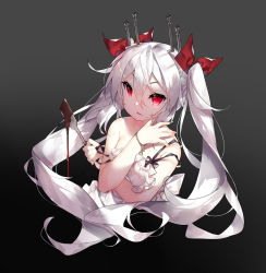 1girl apron azur_lane bare_shoulders black_background blood blood_on_face chocolate closed_mouth collarbone commentary_request female_focus fingernails gradient_background grey_background hair_between_eyes hair_ribbon holding long_hair looking_at_viewer red_eyes red_ribbon ribbon saru sidelocks silver_hair solo spatula strap_slip twintails v-shaped_eyebrows vampire_(azur_lane) very_long_hair white_apron