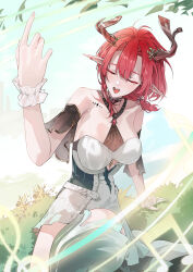 Rule 34 | 1girl, absurdres, arm support, bare shoulders, black choker, breasts, choker, ciaccona (wuthering waves), closed eyes, commentary, dress, frilled wrist cuffs, frills, hair between eyes, hand up, highres, leo795, medium breasts, medium hair, music, musical note, no jacket, open mouth, pointy ears, red hair, singing, sitting, solo, tacet mark (wuthering waves), thighs, tree horns, white dress, white wrist cuffs, wrist cuffs, wuthering waves