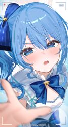 Rule 34 | 1girl, absurdres, alternate costume, asymmetrical sidelocks, battery indicator, blue bow, blue bowtie, blue eyes, blue hair, blue ribbon, blurry, blurry edges, bow, bowtie, cleavage cutout, clothing cutout, commentary request, depth of field, double-parted bangs, dress, hair between eyes, hair ribbon, highres, hololive, hoshimachi suisei, looking at viewer, medium hair, open mouth, reach-around, recording, ribbon, sakurada nana, side ponytail, sidelocks, solo, star (symbol), star in eye, symbol in eye, viewfinder, virtual youtuber, white dress