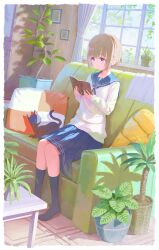 1girl black_cat blue_eyes book brown_hair cat colorful couch feel_(nasitaki) full_body highres holding holding_book indoors jar living_room long_sleeves original picture_frame pillow plant pleated_skirt potted_plant reading sailor_collar scenery school_uniform serafuku shadow sitting skirt socks sweater table window