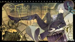 Rule 34 | 1girl, ascot, beamed eighth notes, black boots, black coat, black hat, black pants, blue bow, boater hat, boots, bow, coat, eighth note, ein (einnnn), english text, film reel, film strip, film strip border, floating, from side, full body, grey eyes, grey hair, hair bun, hat, hat bow, highres, looking at viewer, movie projector, musical note, pants, pants tucked in, reverse:1999, short hair, solo, spinning wheel, suitcase, vertin (reverse:1999), watermark, weibo watermark, white ascot