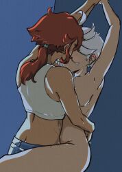 Rule 34 | 2girls, arms up, blush, breasts, clothed female nude female, crop top, gundam, gundam suisei no majo, hand on another&#039;s waist, haru izumizu, highres, long hair, medium breasts, miorine rembran, multiple girls, nude, pants, ponytail, red hair, short hair, suletta mercury, tank top, white hair, white tank top, yuri