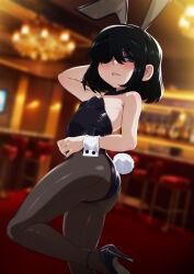 1girl animal_ears ass black_eyes black_hair black_leotard black_pantyhose fake_animal_ears fake_tail high_heels highres indoors jcm2 leotard loli lucy_loud pantyhose playboy_bunny rabbit_ears rabbit_tail solo stool tail the_loud_house