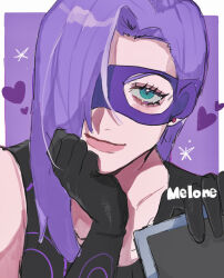 Rule 34 | 1girl, black bodysuit, blush, bodysuit, character name, curtained hair, drawn heart, earrings, eyelashes, green eyes, hair over one eye, hand on own chin, head tilt, highres, holding, jewelry, jojo no kimyou na bouken, long hair, looking at viewer, matubaru chan, portrait, purple hair, purple mask, purple theme, smile, solo, stud earrings, vento aureo