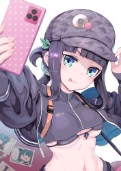 1girl absurdres badge baseball_cap bikini bikini_under_clothes black_bikini black_jacket black_shirt black_shorts blue_eyes blush breasts button_badge camouflage_hat cellphone cropped_jacket cropped_shirt fate/grand_order fate_(series) grey_hat hair_ornament harurukan hat highres instrument_case jacket katsushika_hokusai_(fate) leaf_hair_ornament long_hair long_sleeves looking_at_viewer medium_breasts navel phone photo_(object) purple_hair shirt shorts sidelocks smile solo swimsuit tongue tongue_out yang_guifei_(event_portrait)_(fate) yang_guifei_(fate) yang_guifei_(second_ascension)_(fate)