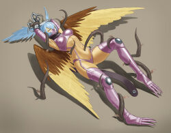 1girl absurdres armpits arms_up bikini black_scarf blue_hair bound bound_wrists breasts claws closed_eyes commentary_request commission covered_erect_nipples digimon digimon_(creature) feathered_wings full_body garter_straps gauntlets gloves hair_between_eyes highres kazukida leaf long_hair mask medium_breasts mouth_mask navel navel_insertion navel_penetration pixiv_commission plant purple_bikini purple_footwear purple_gloves restrained ryona scarf shadow shoulder_pads shutumon sidelocks simple_background skindentation solo stomach sweat swimsuit thigh_gap vine_bondage vines wings